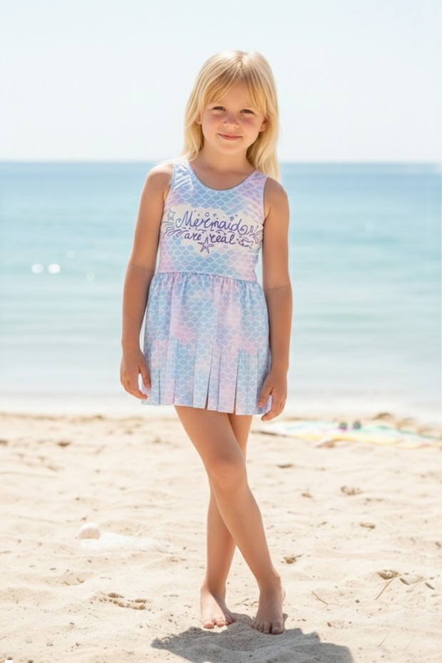 Kız Çocuk Polyester + Elastan Deniz Kızı Pullu Desenli ve Püskül Etekli Şık Tasarım Yüzücü Mayosu