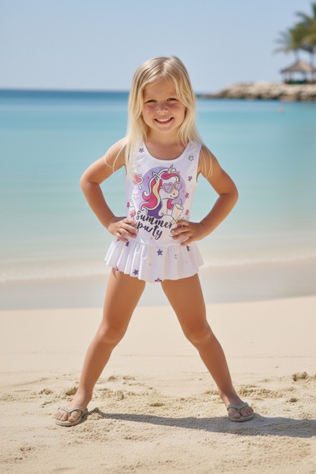 Kız Çocuk Polyester + Elastan Etekli Fırfır Detaylı Summer Party Yazılı Baskılı Yıldız Desenli Yüzücü Mayosu