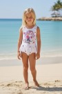Kız Çocuk Polyester + Elastan Etekli Fırfır Detaylı Summer Party Yazılı Baskılı Yıldız Desenli Yüzücü Mayosu