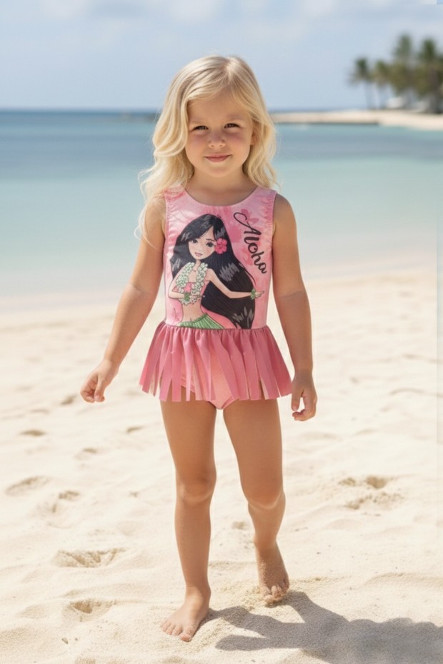 Kız Çocuk Polyester + Elastan Aloha Hawaii Temalı Etekli ve Püskül Detaylı Baskılı Yüzücü Mayosu