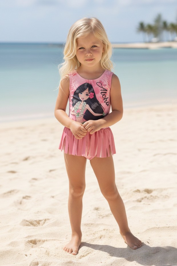 Kız Çocuk Polyester + Elastan Aloha Hawaii Temalı Etekli ve Püskül Detaylı Baskılı Yüzücü Mayosu