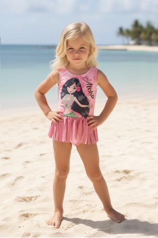 Kız Çocuk Polyester + Elastan Aloha Hawaii Temalı Etekli ve Püskül Detaylı Baskılı Yüzücü Mayosu