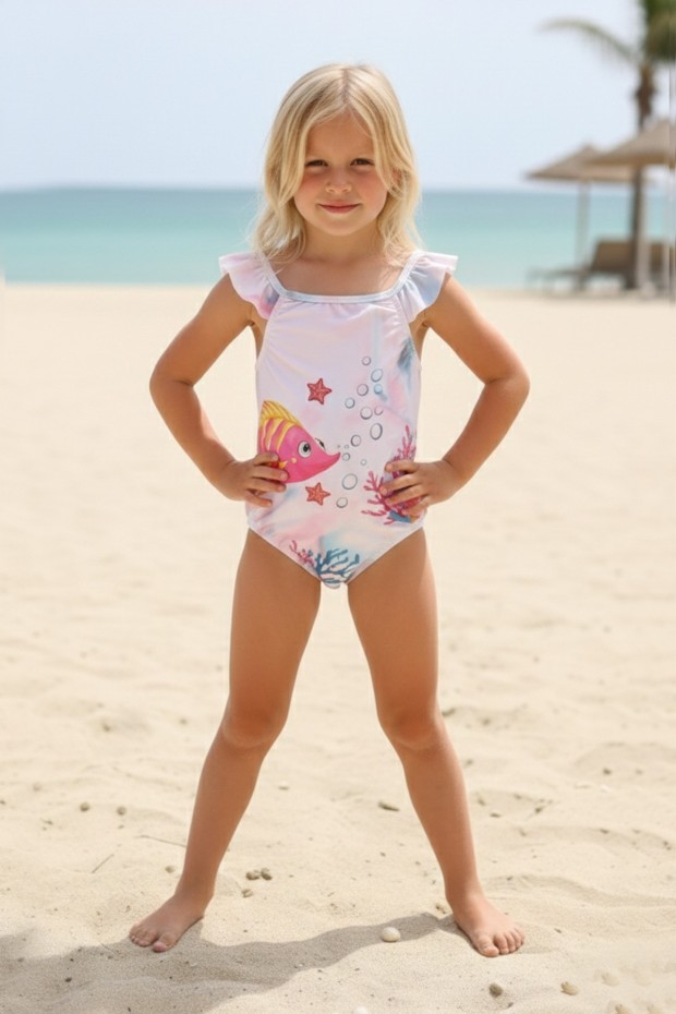 Kız Çocuk Polyester + Elastan Omuzdan Fırfır Detaylı Tropikal Mercan ve Renkli Balık Desenli Yüzücü Mayosu