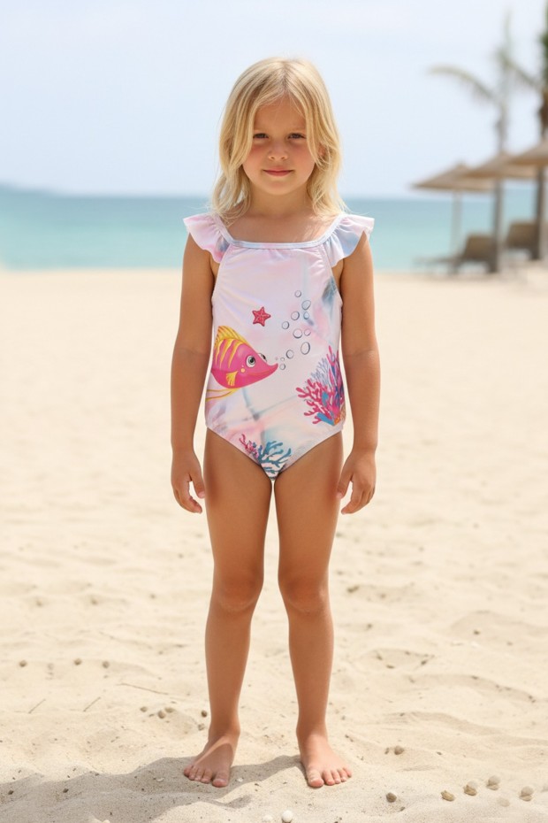 Kız Çocuk Polyester + Elastan Omuzdan Fırfır Detaylı Tropikal Mercan ve Renkli Balık Desenli Yüzücü Mayosu