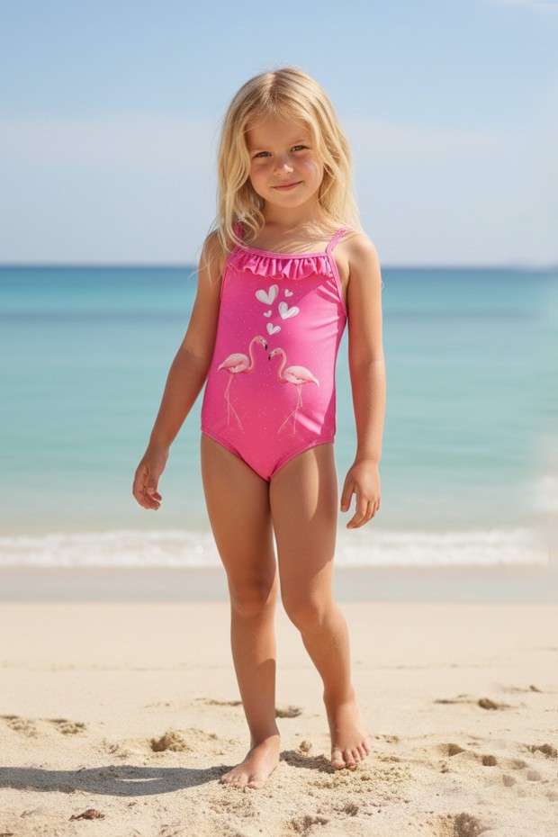 Kız Çocuk Polyester + Elastan Flamingo ve Kalp Desenli Göğüs Kısmı Fırfırlı Askılı Yüzücü Mayosu