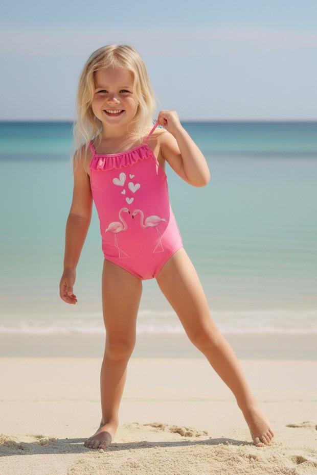 Kız Çocuk Polyester + Elastan Flamingo ve Kalp Desenli Göğüs Kısmı Fırfırlı Askılı Yüzücü Mayosu