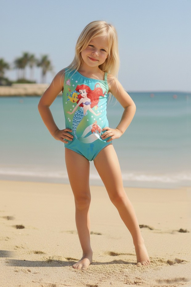 Kız Çocuk Polyester + Elastan Deniz Kızı Karakter Baskılı Tek Omuzlu Turkuaz ve Yeşil Renk Geçişli Yüzücü Mayosu