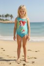 Kız Çocuk Polyester + Elastan Deniz Kızı Karakter Baskılı Tek Omuzlu Turkuaz ve Yeşil Renk Geçişli Yüzücü Mayosu