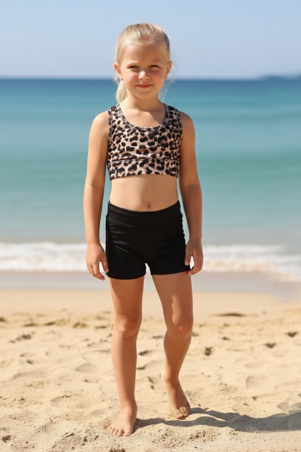 Garson Kız Çocuk Polyester + Elastan Leopar Desenli Sporcu Büstiyer ve Siyah Boxer Şort Takım İkili Yüzücü Mayosu