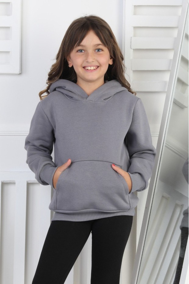 Şardonlu 3 İplik Kapşonlu Kız Çocuk Sweatshirt