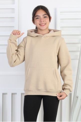 Şardonlu 3 İplik Kapşonlu Kız Çocuk Sweatshirt