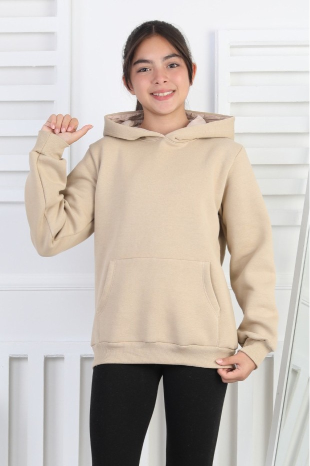 Şardonlu 3 İplik Kapşonlu Kız Çocuk Sweatshirt