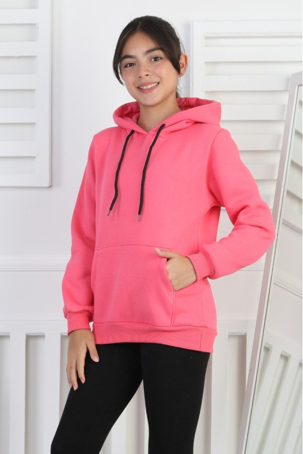 Şardonlu 3 İplik Kapşonlu Kız Çocuk Sweatshirt