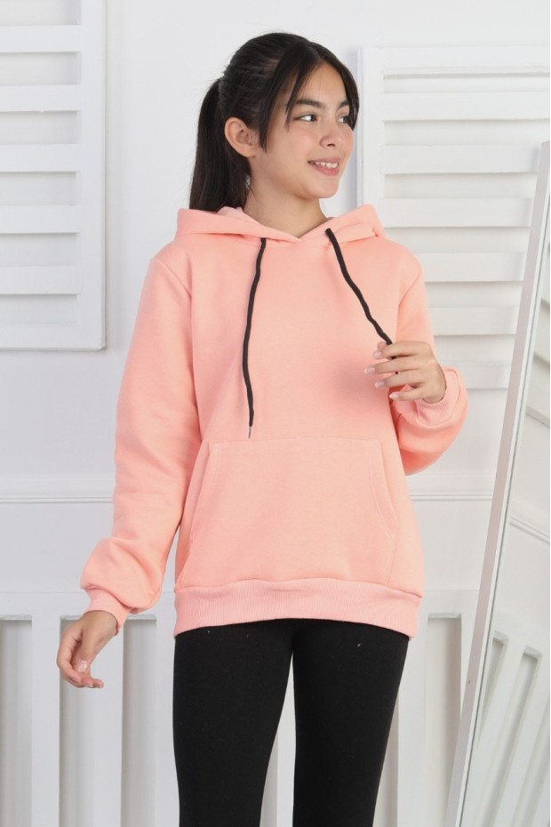 Şardonlu 3 İplik Kapşonlu Kız Çocuk Sweatshirt