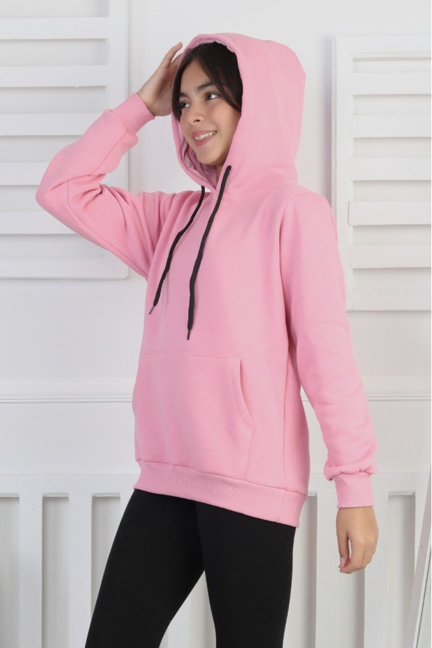 Şardonlu 3 İplik Kapşonlu Kız Çocuk Sweatshirt