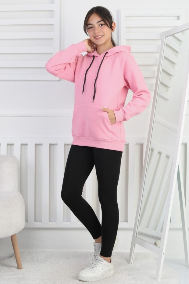 Şardonlu 3 İplik Kapşonlu Kız Çocuk Sweatshirt