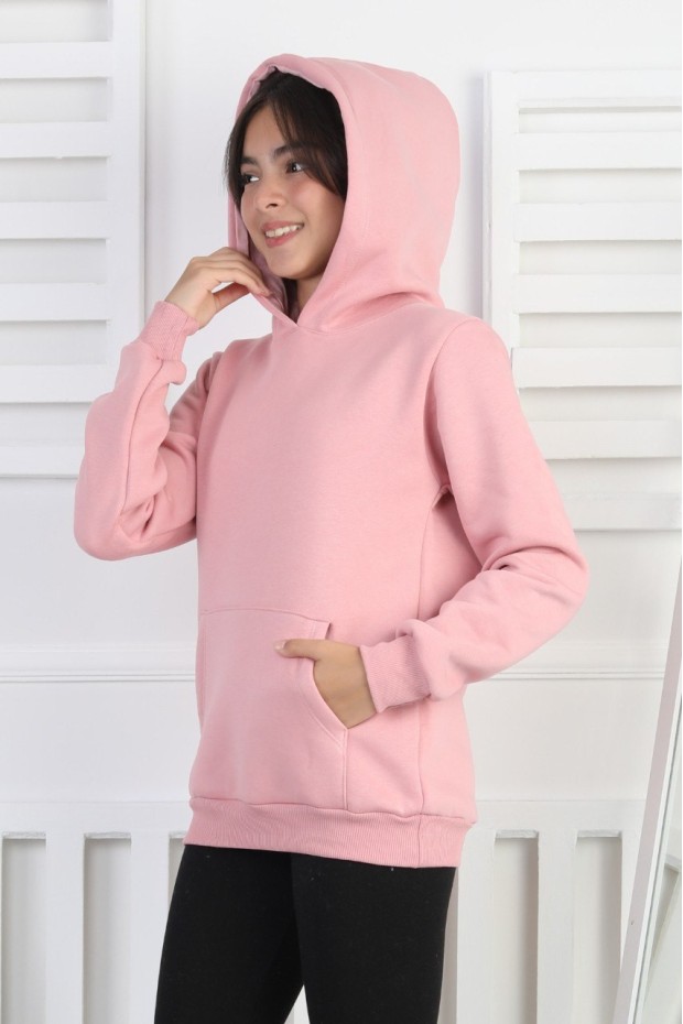 Şardonlu 3 İplik Kapşonlu Kız Çocuk Sweatshirt