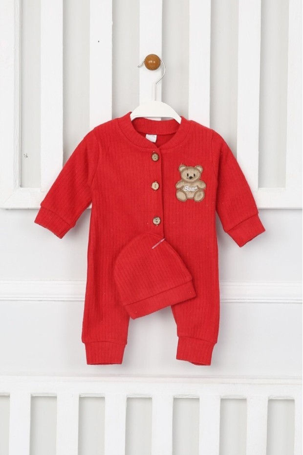 Şardonlu Bear Düğmeli Şapkalı Kırmızı Tulum 