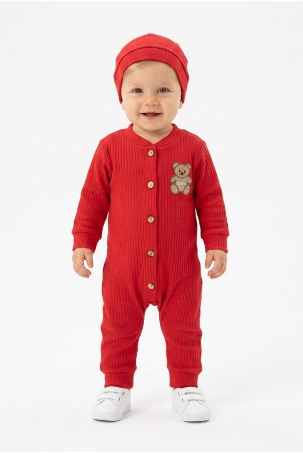 Şardonlu Bear Düğmeli Şapkalı Kırmızı Tulum 