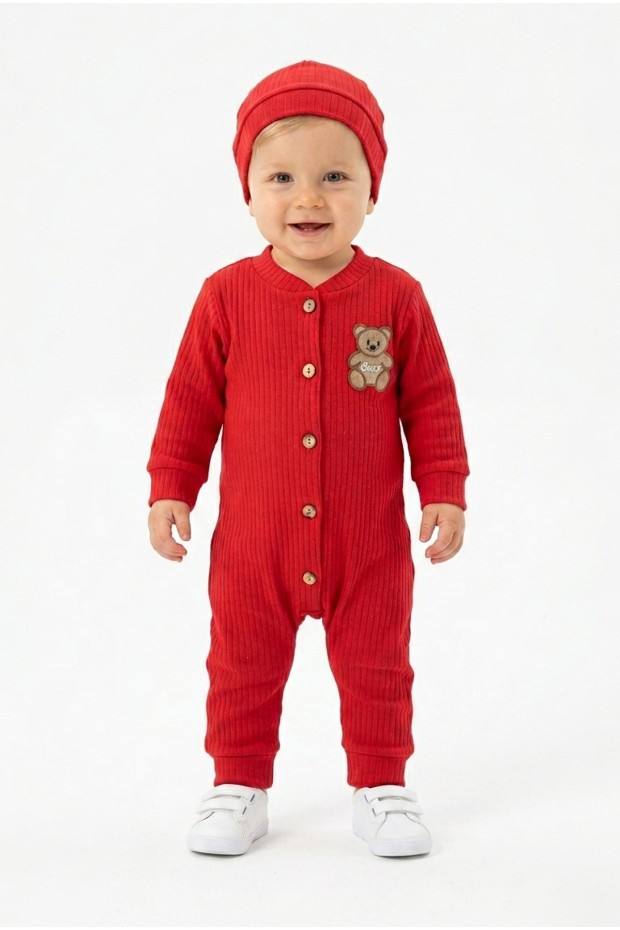 Şardonlu Bear Düğmeli Şapkalı Kırmızı Tulum 