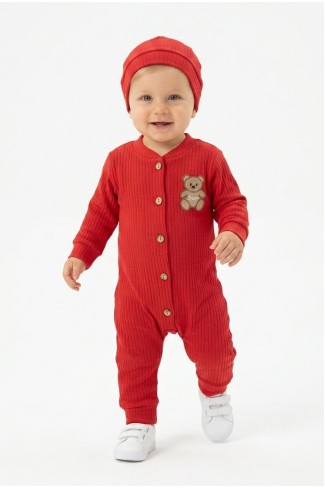 Şardonlu Bear Düğmeli Şapkalı Kırmızı Tulum 