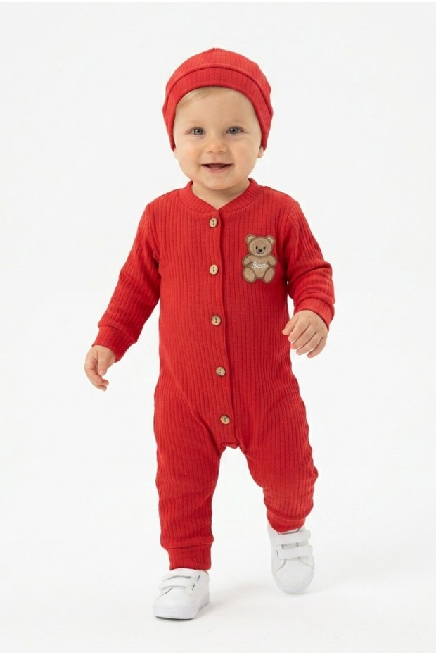 Şardonlu Bear Düğmeli Şapkalı Kırmızı Tulum 