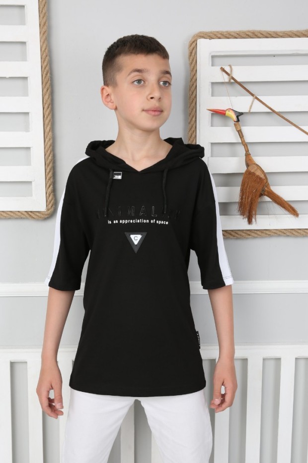 Kapşonlu Baskılı %100 Cotton Siyah Tişört
