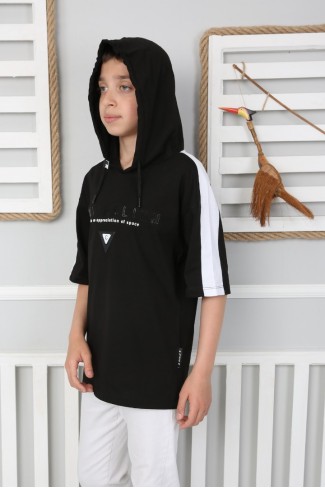 Kapşonlu Baskılı %100 Cotton Siyah Tişört