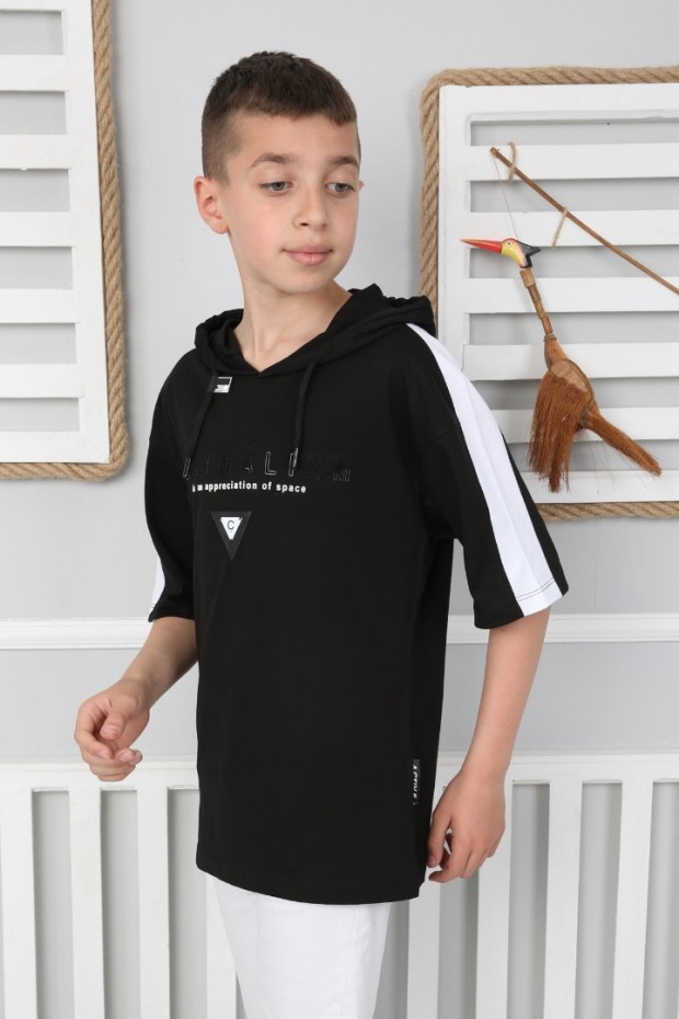 Kapşonlu Baskılı %100 Cotton Siyah Tişört