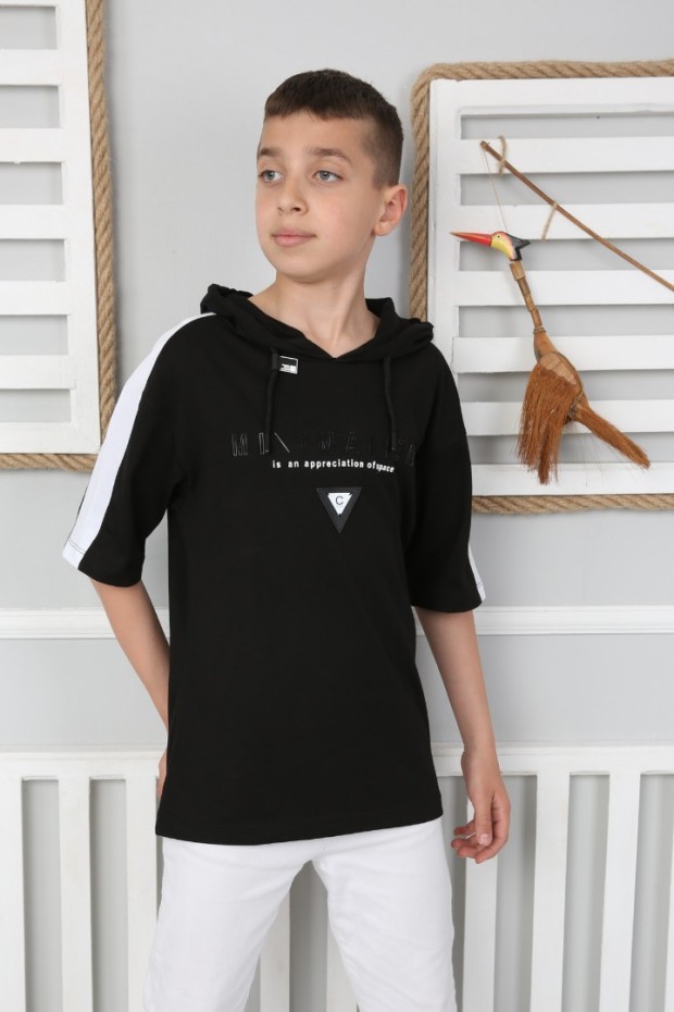 Kapşonlu Baskılı %100 Cotton Siyah Tişört