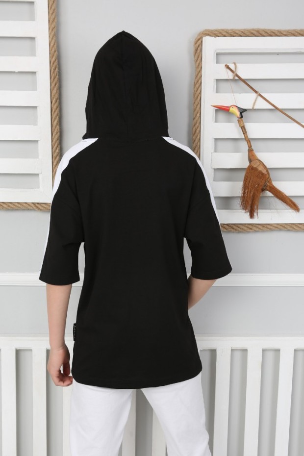 Kapşonlu Baskılı %100 Cotton Siyah Tişört