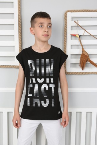  Sıfır Kol Baskılı % 100 Cotton Kumaş Siyah Tişört