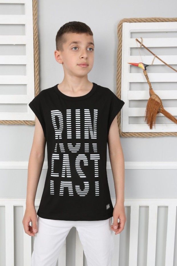  Sıfır Kol Baskılı % 100 Cotton Kumaş Siyah Tişört