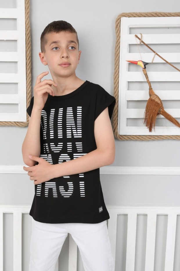  Sıfır Kol Baskılı % 100 Cotton Kumaş Siyah Tişört