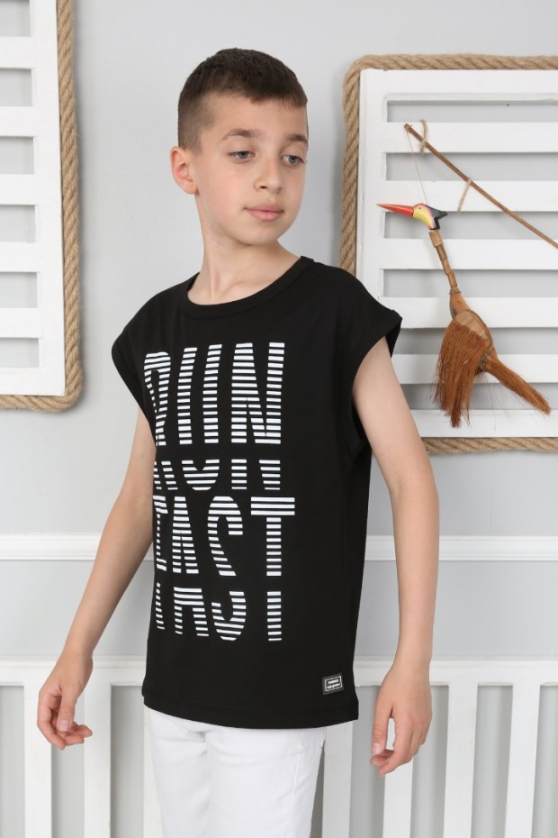  Sıfır Kol Baskılı % 100 Cotton Kumaş Siyah Tişört