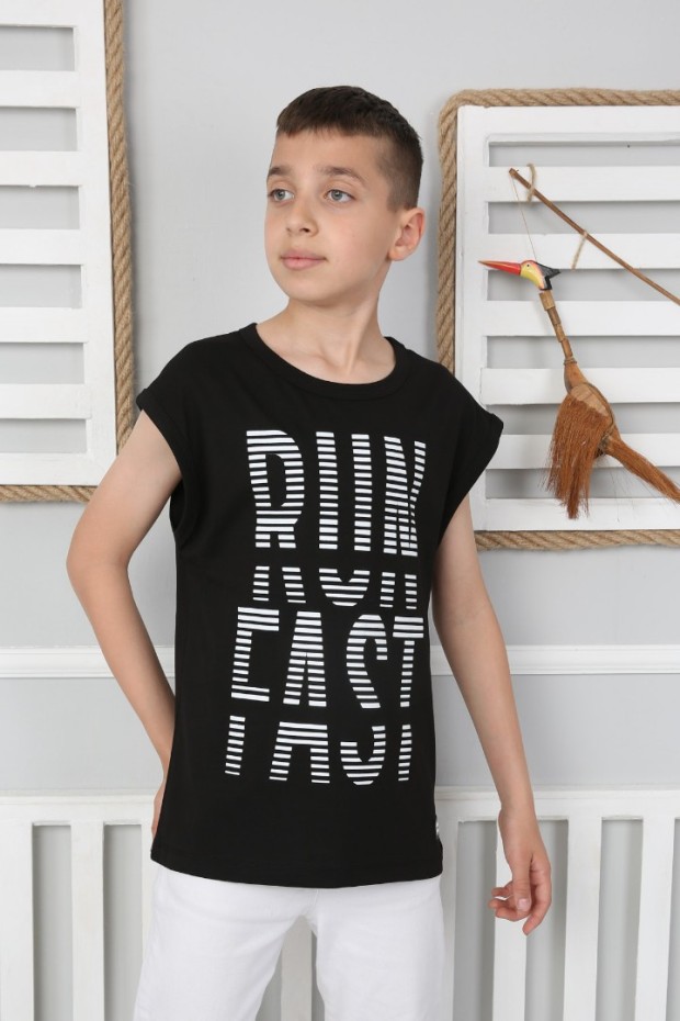  Sıfır Kol Baskılı % 100 Cotton Kumaş Siyah Tişört
