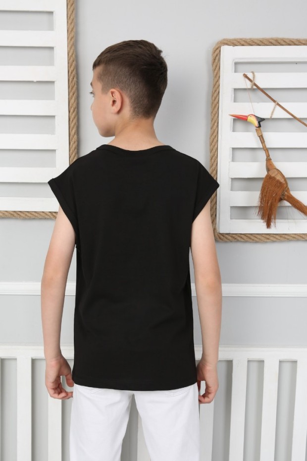  Sıfır Kol Baskılı % 100 Cotton Kumaş Siyah Tişört