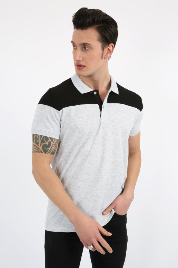 Polo Yaka Parçalı Gri Tişört