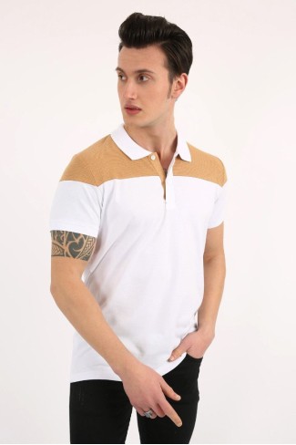 Polo Yaka Parçalı Hardal Beyaz Tişört