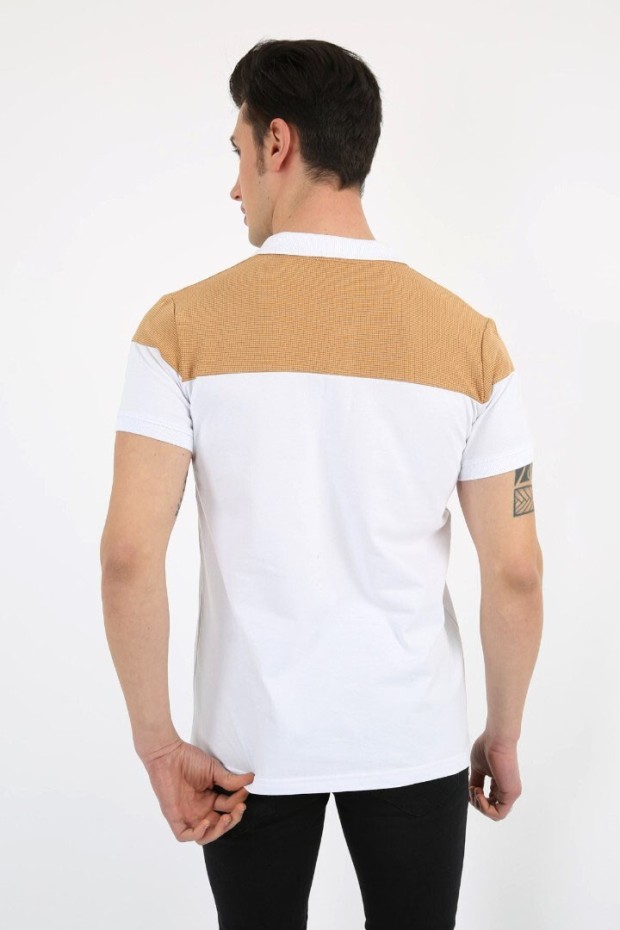 Polo Yaka Parçalı Hardal Beyaz Tişört