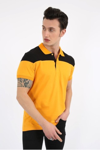 Polo Yaka Parçalı Lacivert Hardal Tişört
