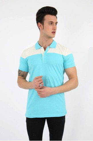 Polo Yaka Parçalı Turkuaz Tişört