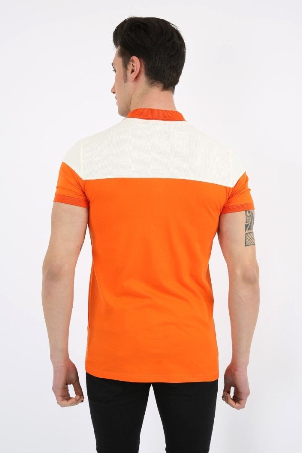 Polo Yaka Parçalı Turuncu Tişört