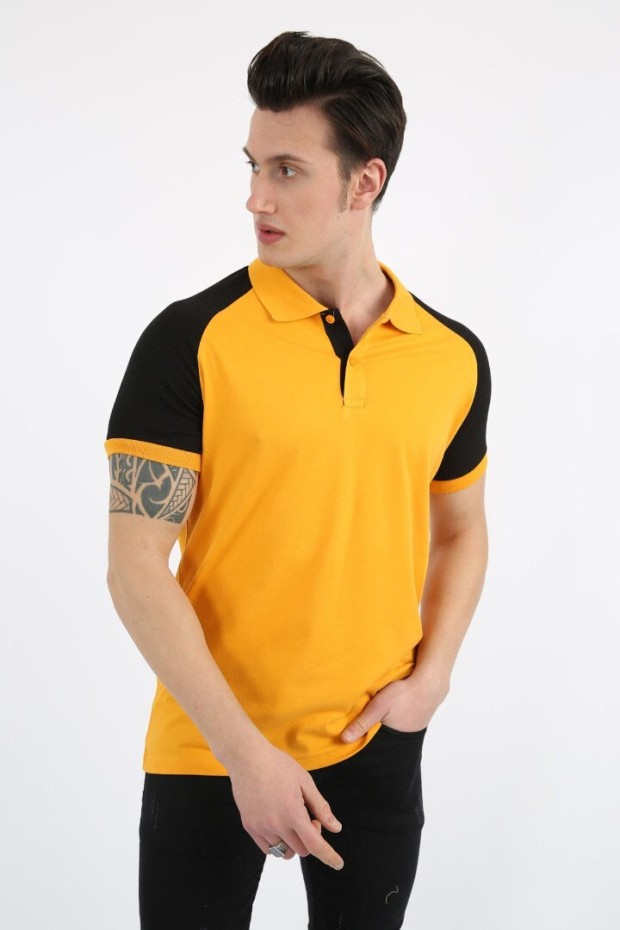 Polo Yaka Kolları Parçalı Hardal Tişört