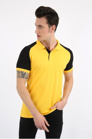 Polo Yaka Kolları Parçalı Sarı Tişört