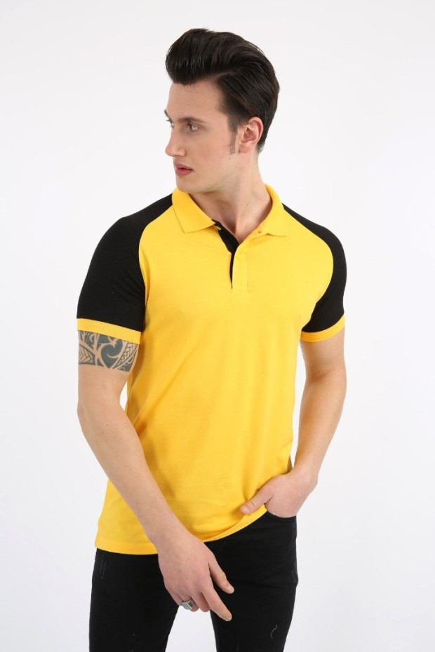 Polo Yaka Kolları Parçalı Sarı Tişört