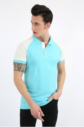 Polo Yaka Kolları Parçalı Turkuaz Tişört