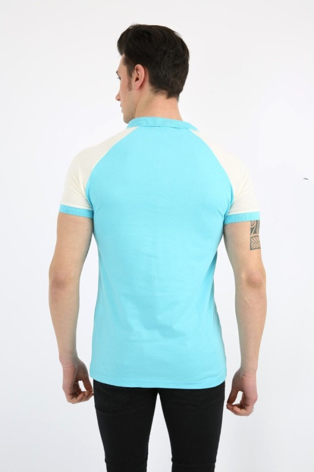Polo Yaka Kolları Parçalı Turkuaz Tişört