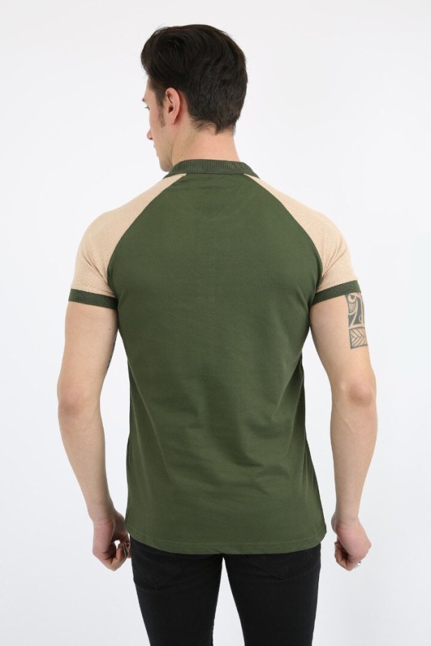 Polo Yaka Kolları Parçalı Vizon Haki Tişört