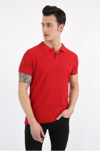 Polo Yaka Waffle Kumaş Düz Kırmızı Tişört